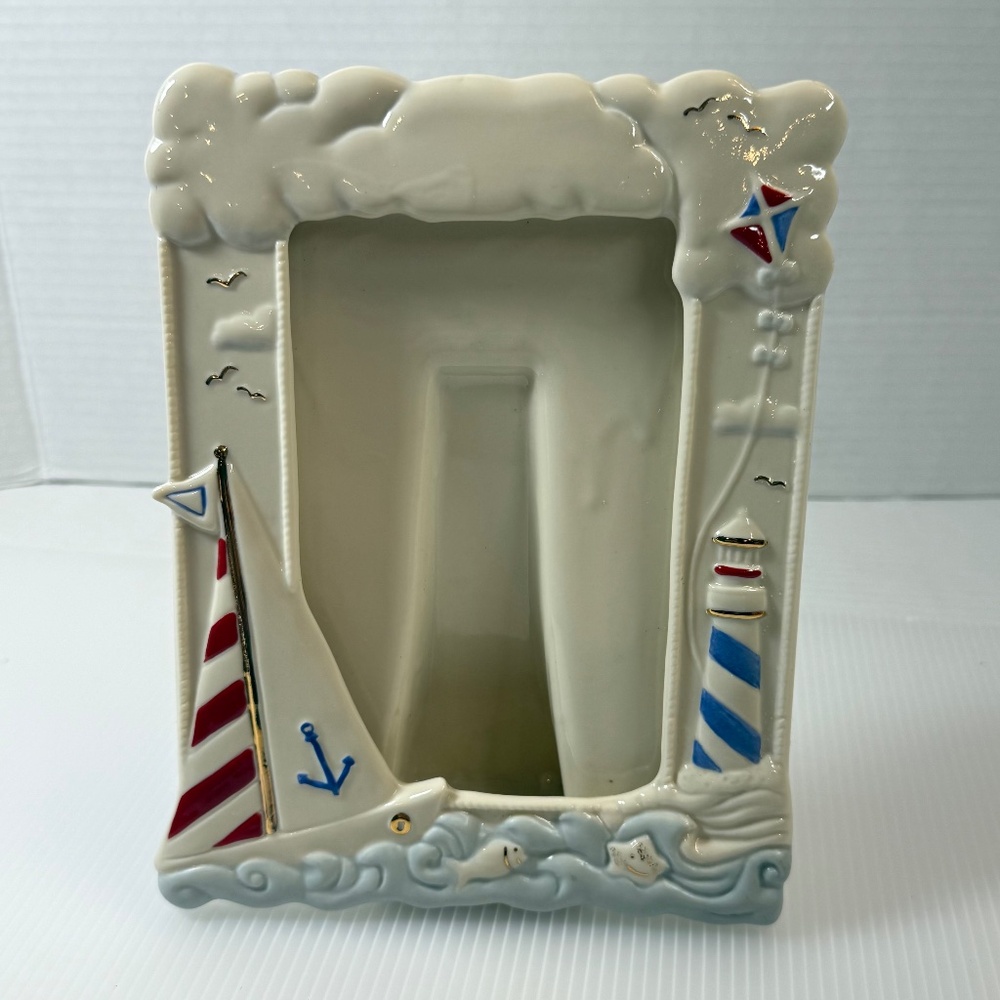 LENOX My Sailboat Frame 4" x 6" photo Beach Nautical White and Gold Porcelain